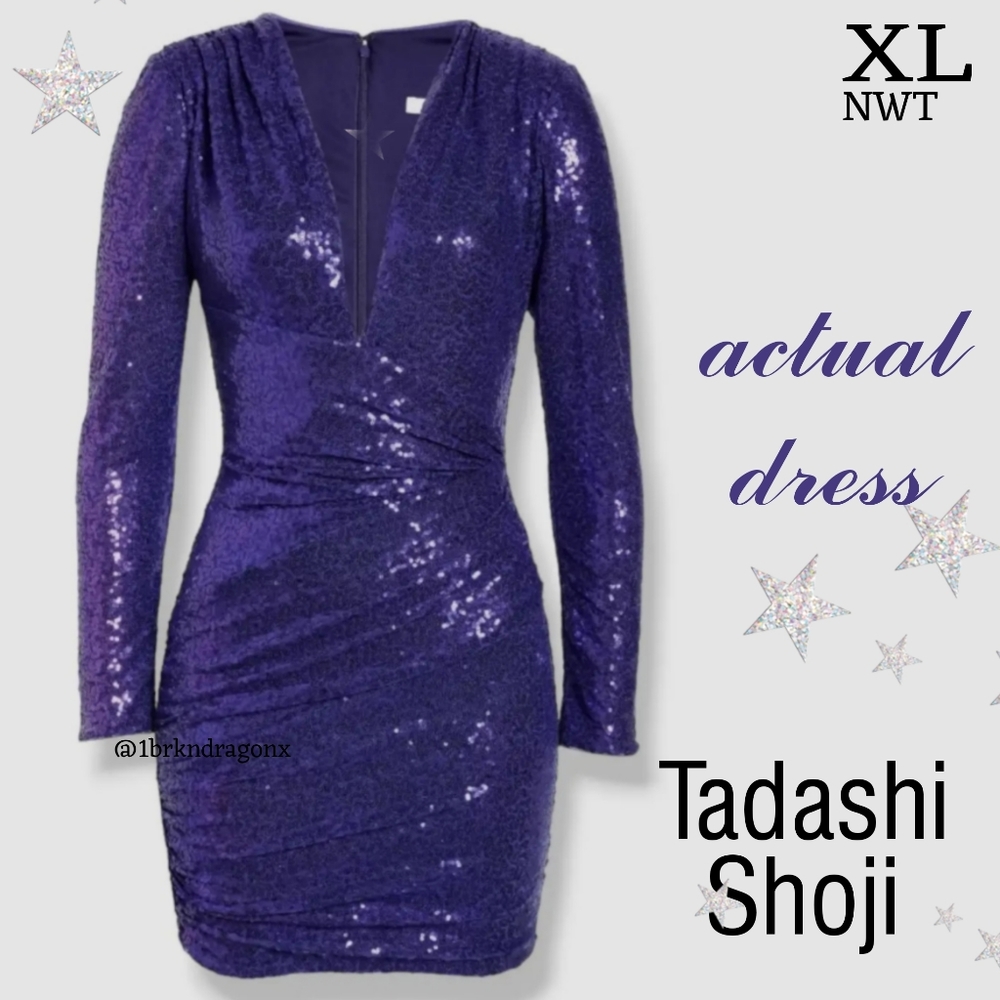 NWT Tadashi Shoji Royal Purple Cocktail Dress Midi Sequin Stretch Evening Party - Picture 14 of 14